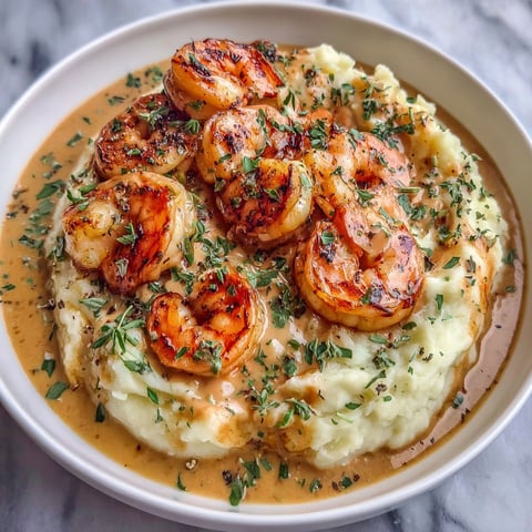 A plate of food with shrimp and potatoes.