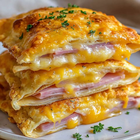 A stack of ham and cheese pockets.