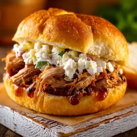 A sandwich with pulled pork and coleslaw.
