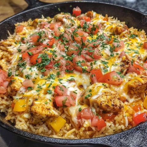 A delicious meal of chicken, rice, tomatoes, and cheese.