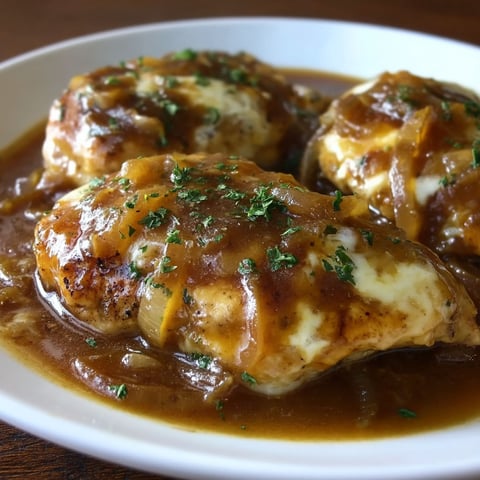 French onion chicken gravy on a plate.