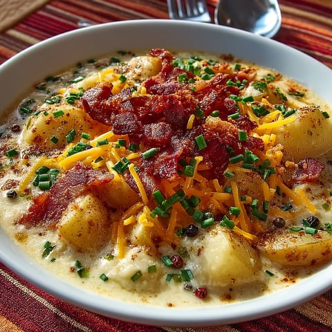 A bowl of soup with bacon and cheese.