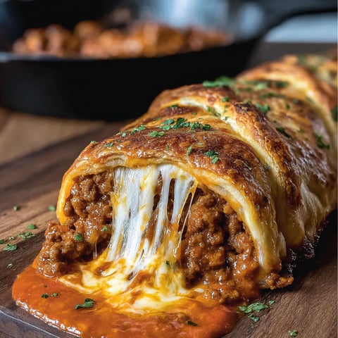 A cheesy sloppy joe stromboli is on a wooden table.