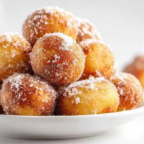 A plate of donuts with powdered sugar on top.