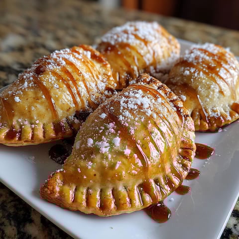 Golden air fryer apple pies with caramel sauce.