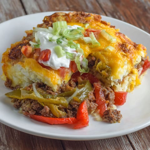 A plate of food with a John Wayne Beef Biscuit.