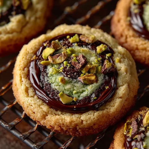 A cookie with chocolate and pistachio cream.