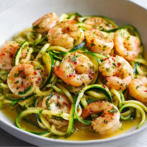 A plate of zucchini noodles with garlic shrimp.