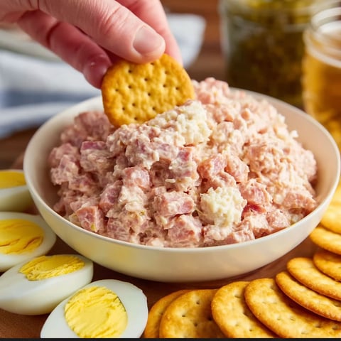 A bowl of old-fashioned bologna salad with crackers.