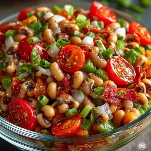 A bowl of black eyed pea salad.