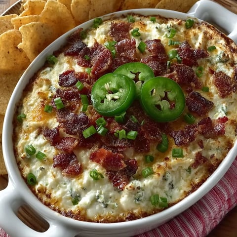 A creamy pizza dip with bacon and jalapenos.