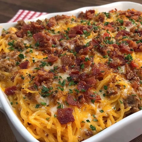 A dish of Cowboy Spaghetti Creamy Cheesy Twist.