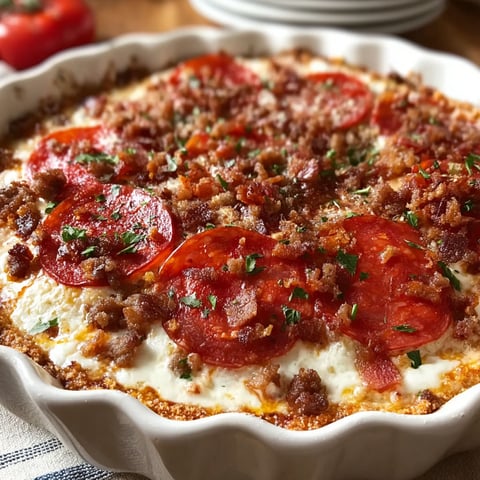 A creamy pizza dip with tomatoes and bacon.
