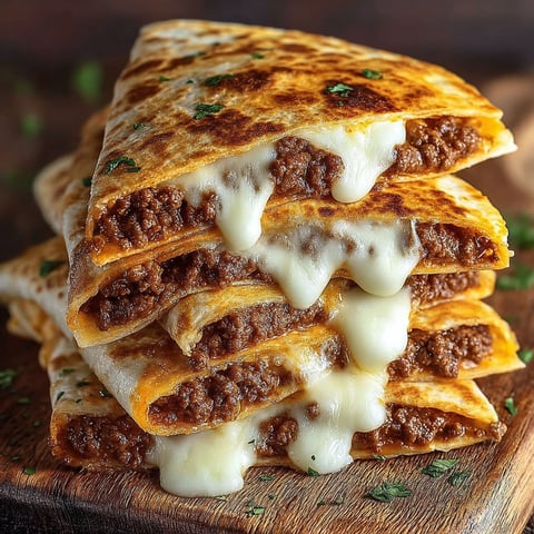 A stack of quesadillas with cheese and meat.