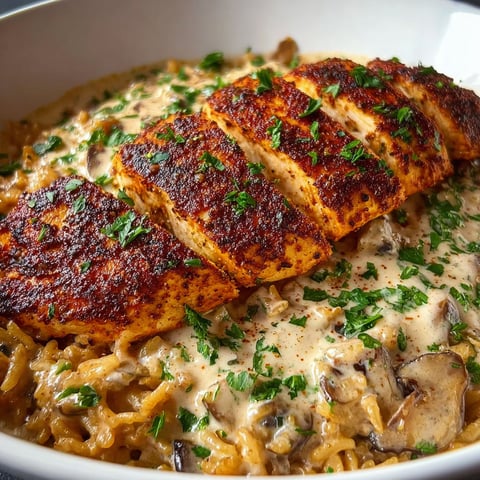 A bowl of chicken with mushrooms and herbs.