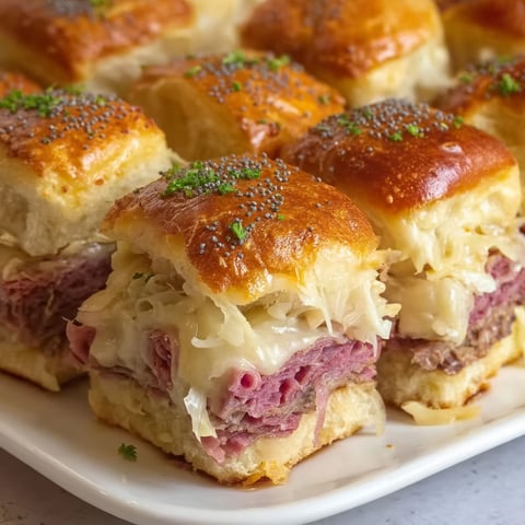 A plate of Reuben Corned Beef Sliders.
