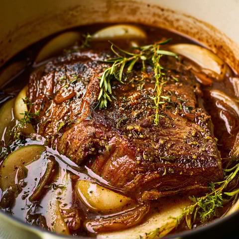 A pot of meat with herbs and onions.