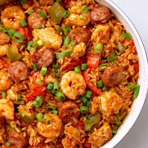 A bowl of jambalaya with shrimp, sausage, and rice.