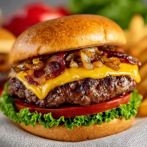 A grilled bacon cheeseburger with lettuce and tomato.