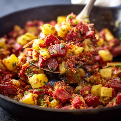 A spoon is in a bowl of corned beef hash.