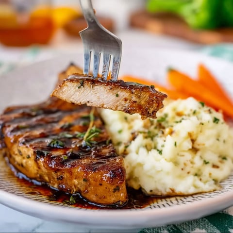 A fork is about to take a bite of grilled balsamic pork chops.