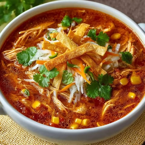 A bowl of chicken tortilla soup with chips on top.