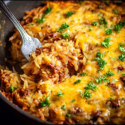 A close up of a crock pot sloppy joe hash brown casserole.