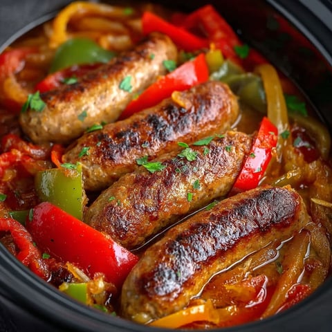 A crock pot filled with sausage and peppers.
