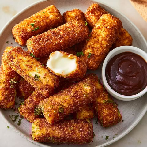 A plate of crispy Nashville hot mozzarella sticks.