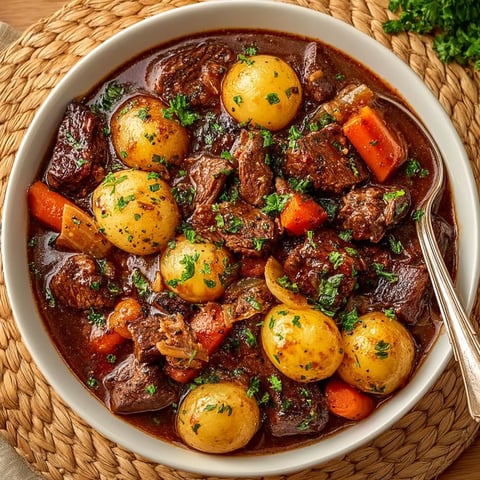 A bowl of beef stew with potatoes and carrots.