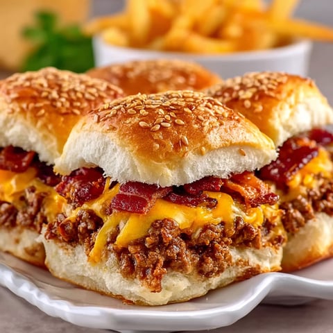 Two bacon cheeseburger sliders on a plate.