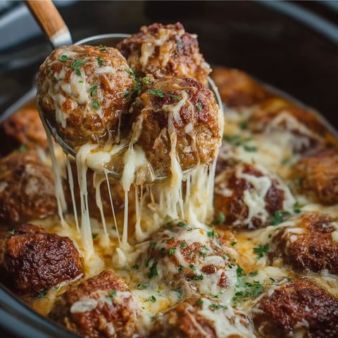A crock pot filled with meatballs and cheese.