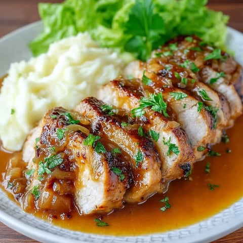 French onion pork chops with a side of mashed potatoes.
