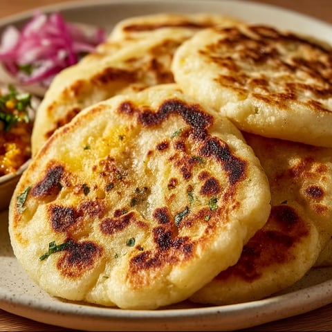A plate of food with a pile of soft masa cheese pupusas.