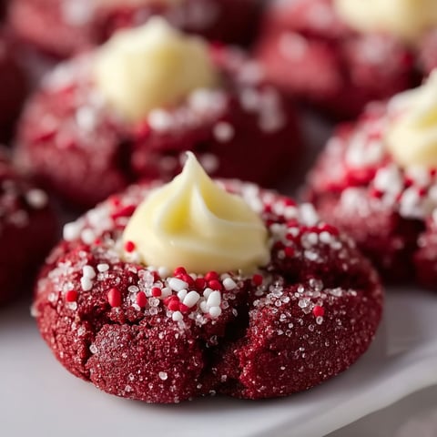 Red velvet thumbprint cookies with white frosting.