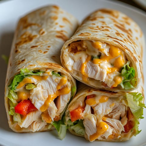 A burrito with chicken and cheese.