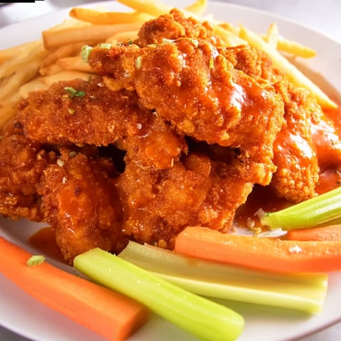 A plate of boneless chicken wings with fries.
