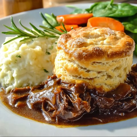 A plate of food with a biscuit on top.