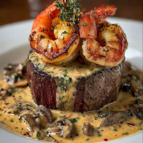 A plate of food with a steak, shrimp, and lobster on top.