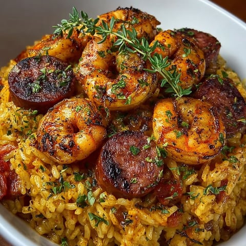 A bowl of jambalaya with shrimp and rice.