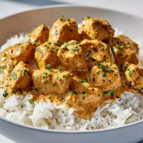 A bowl of rice with chicken and sauce.