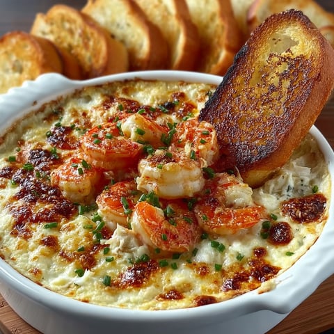 A bowl of shrimp crab bake dip with a slice of bread on top.