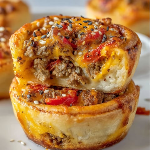 A close up of a cheeseburger pinwheel pizza bite.