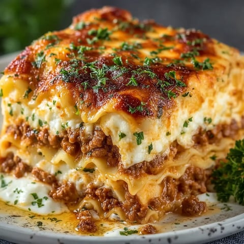A delicious lasagna with cheese on a plate.