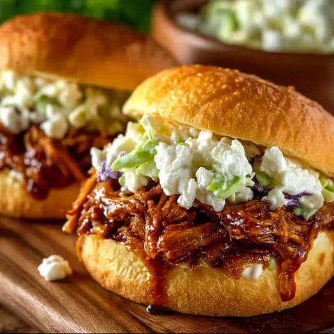 Two sandwiches with pulled pork and coleslaw.