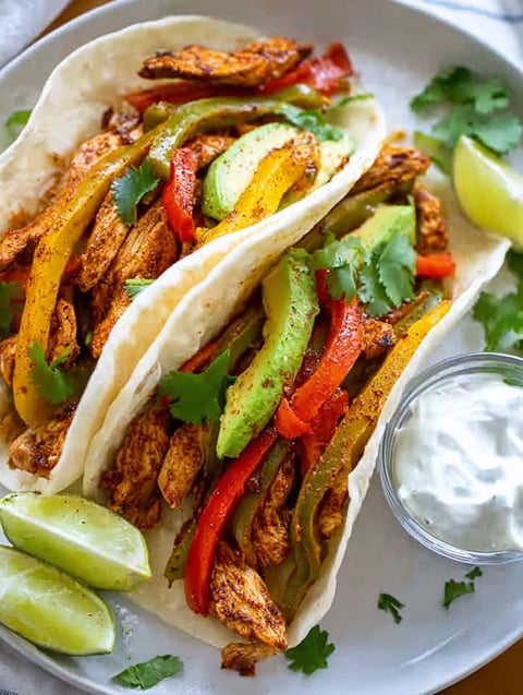 A delicious meal of chicken fajitas with peppers and onions.