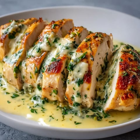 A plate of chicken with a creamy herb sauce.