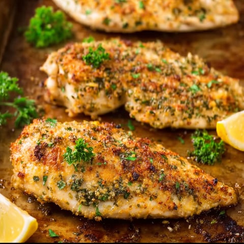Baked garlic parmesan chicken with lemon wedges.