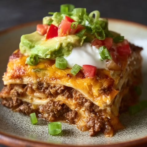 A cheesy taco lasagna dinner on a plate.