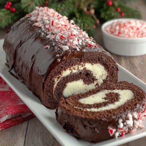 A chocolate swiss roll cake with white frosting and red peppermint sprinkles.